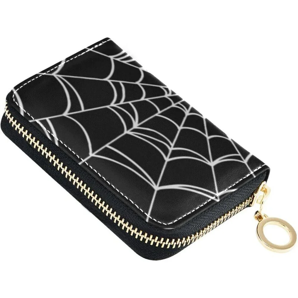 Women's Spider Web Leather Zipper Card Case Accordion Credit Card Holder Wallet